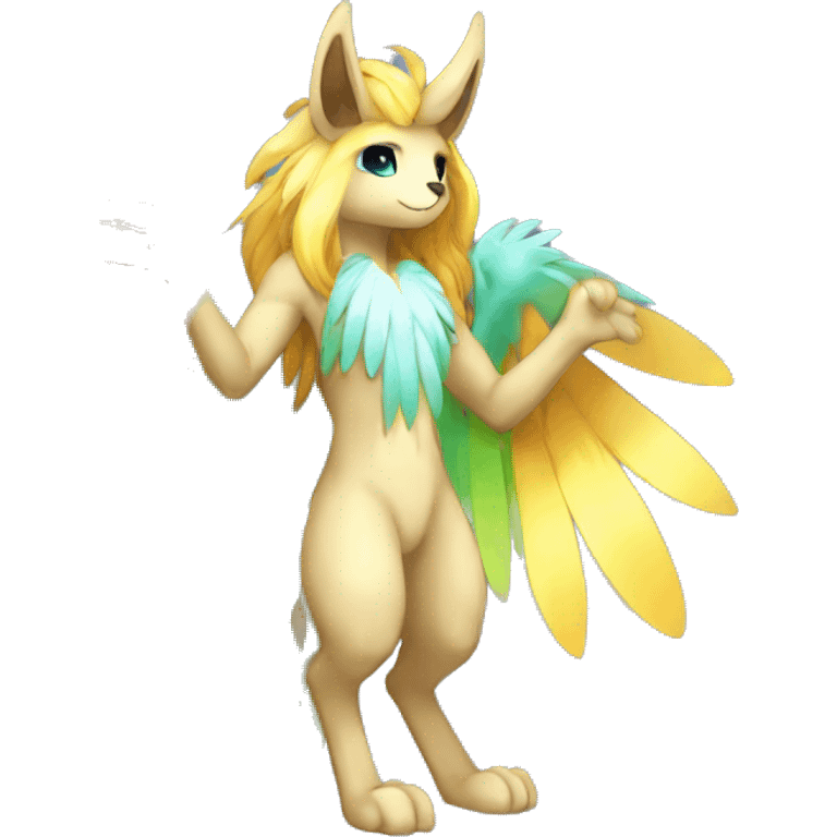 Anthro Sona Cool Cute Colorful Shy Winged Shiny Fakemon-Fantasy-Creature With Long Hair-Mane Full Body emoji