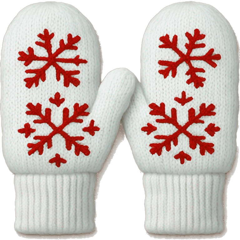 A pair of cozy knitted white mittens with a snowflake design emoji