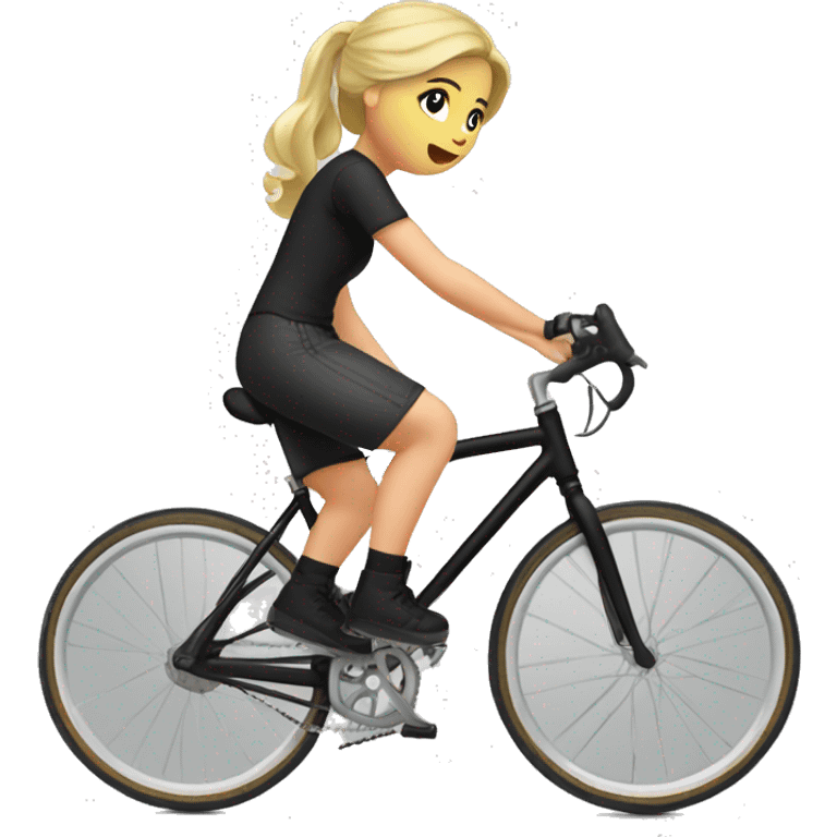 I want to creat emoji of blond girls on bicycle, she has black helmet with red marks on her head, she has black shirt, she has olive color short, she has white shoe and red socks, the bike is grey-balck. emoji