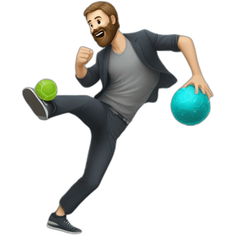 man with beard kicking virus as ball emoji