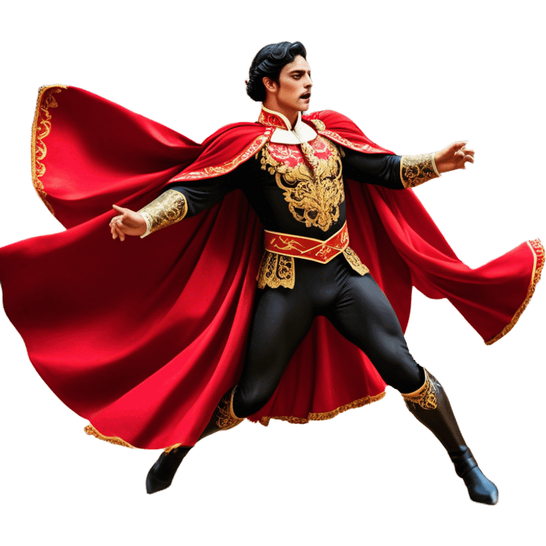 ​Cinematic Realistic Spanish Matador Holding a Red Cape, depicted in mid-action with a vibrant red cape flowing in the wind, dressed in an ornate traje de luces with shimmering details, confronting a charging bull in a dramatic arena, rendered with dynamic motion blur and vivid, high-contrast lighting, emoji