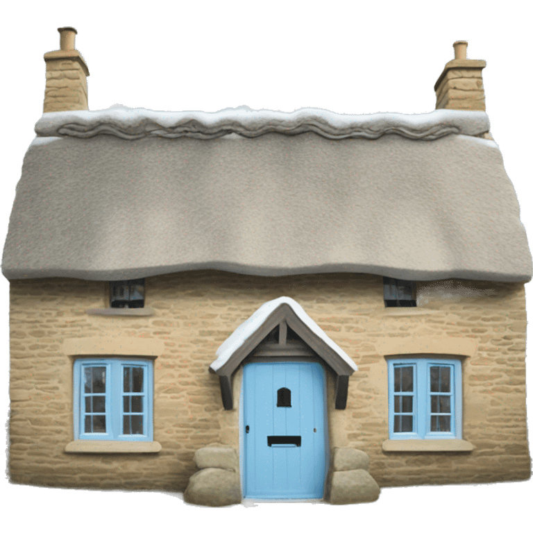 Snowy stone cotswolds cottage with sky blue door  emoji