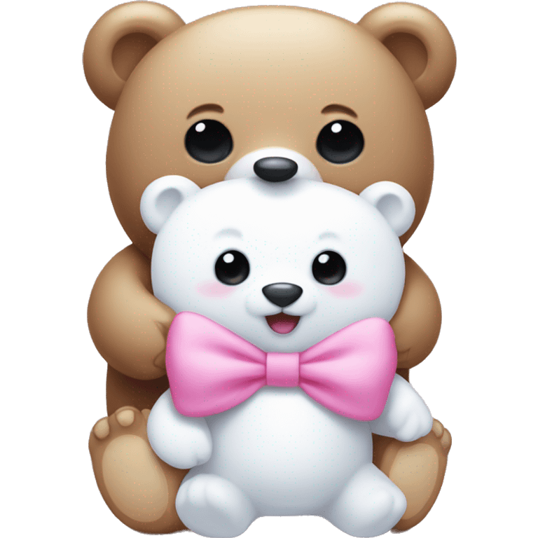 Baby bear with a bow holding a little cute white ghost with a pink bow emoji