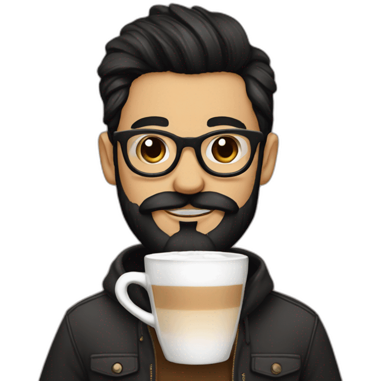 Hipster with black hair, beard and glasses drinking cappuccino   emoji