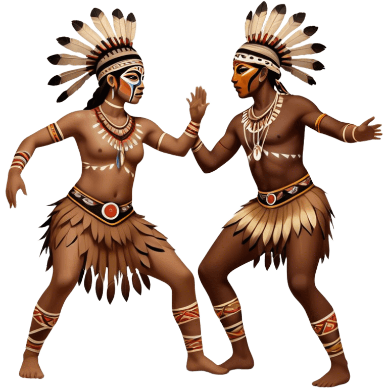 Cinematic Realistic scene of two indigenous dancers performing an Aboriginal Corroboree, adorned in intricate traditional body paint and ceremonial attire, captured in fluid motion with earthy tones and vibrant, cultural lighting emoji