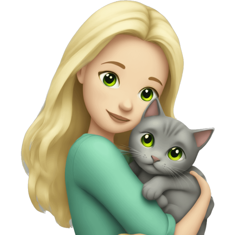 blonde girl with green eyes cuddling grey cat emoji