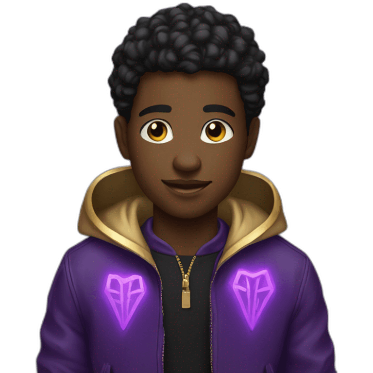 A young black man with a purple bomber jacket covered with golden glowing runes emoji