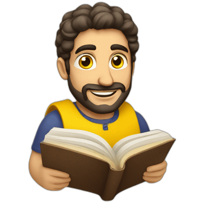 Armenian men with the yellow clothes reading book and looking at camera and smiling  emoji