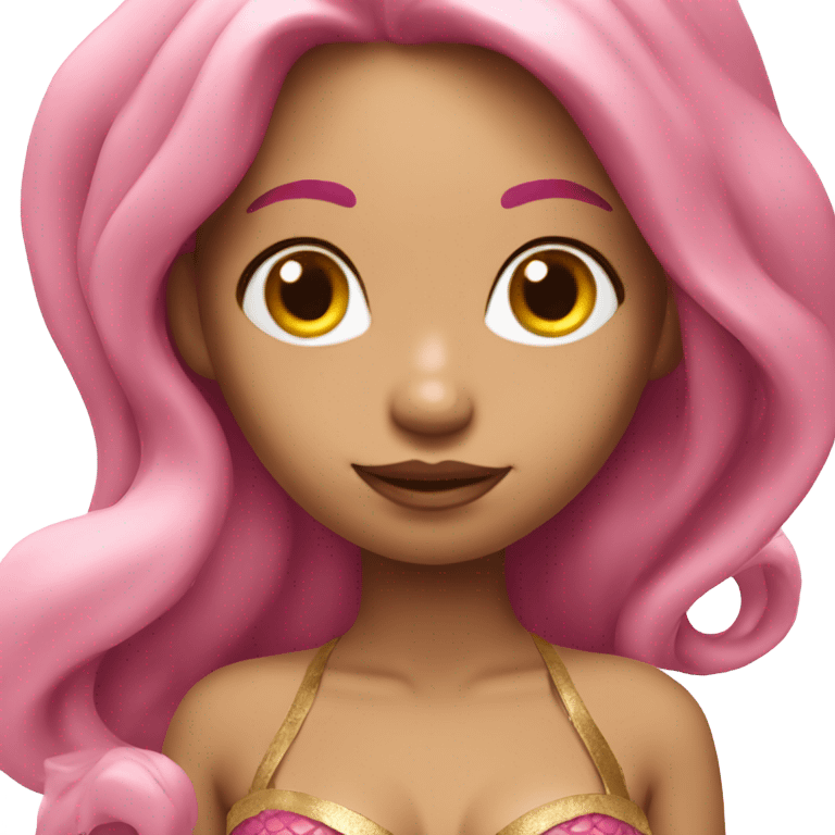 mermaid with long pink hair and pink tail with gold bra emoji