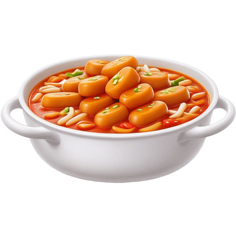 Cinematic Realistic Tteokbokki Dish Emoji, showcasing spicy, chewy rice cakes in a fiery sauce rendered with lifelike detail and bold, dynamic lighting. emoji