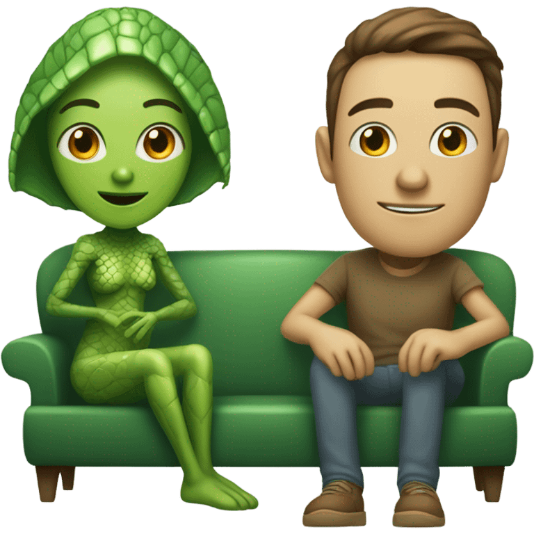 alien reptilian woman and humman man, sitting on a couch  emoji