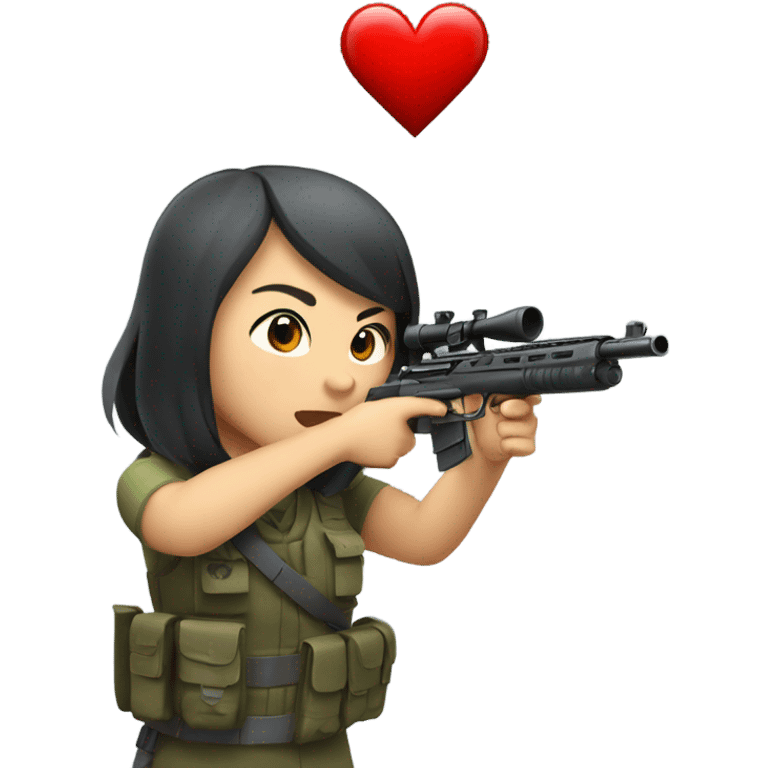 A cute Asian sniper woman shoots and a heart goes out at the gunpoint emoji