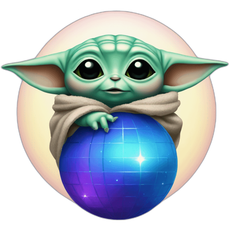 Baby yoda hugging a blue and purple disco ball emoji