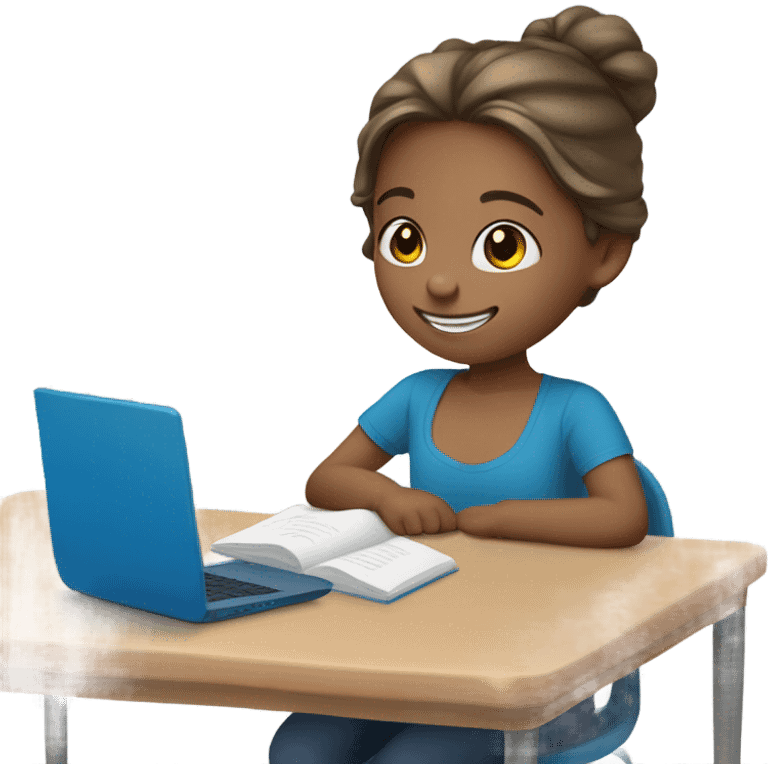 One Little Girl, white skin, bronze hair, smile, tutor, bright blue t shirt, icon  emoji