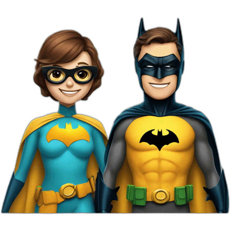 batman and robin where batman smiles and weares glasses and robin is female emoji