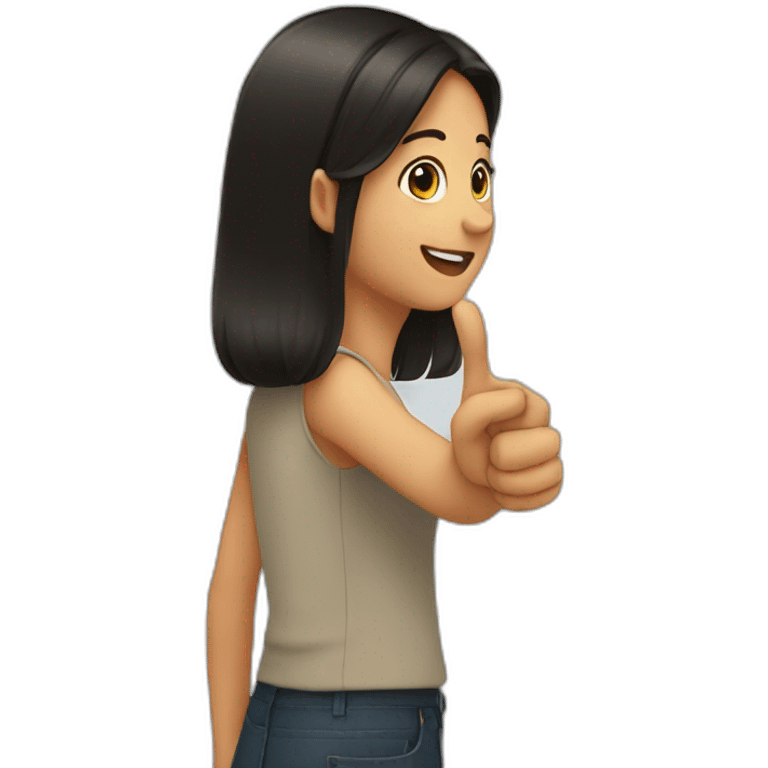 view from back small girl with dark hair pointing her pointing finger up emoji