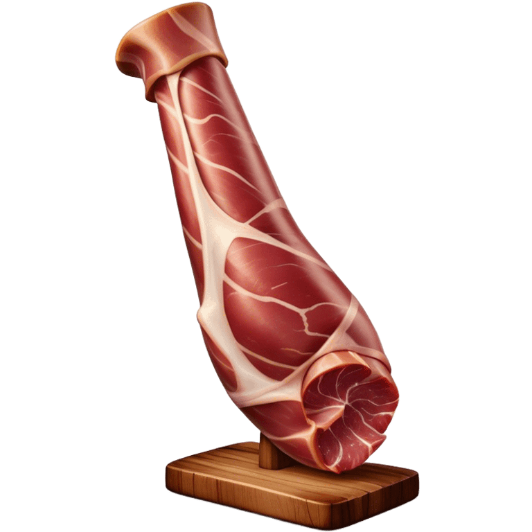 ​Cinematic Realistic Spanish Jamón Leg, depicted as a massive, cured leg of Jamón serrano with a deep reddish-brown hue, intricately marbled and slightly glossy with age, elegantly displayed on a rustic wooden stand and bathed in warm, soft lighting that accentuates its artisanal heritage, emoji