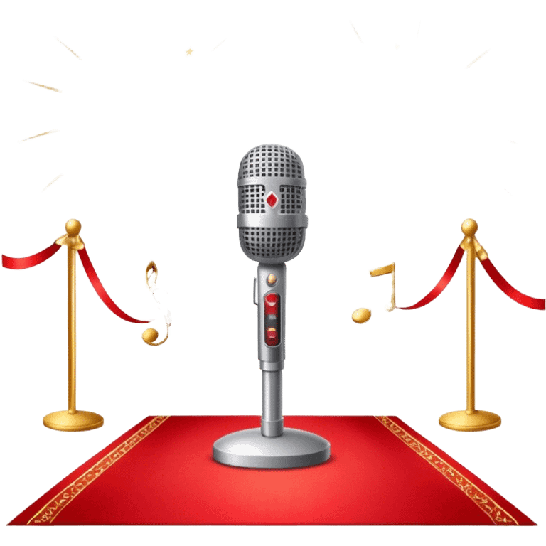 Create a glamorous and vibrant emoji that represents pop vocal performance. The emoji should feature a vintage stage microphone on a red carpet, with a spotlight shining on it. The stage should be empty but illuminated with concert lights, creating an atmosphere of excitement. Add elements like a festive firework display and a sparkling costume with rhinestones. Surround the scene with a ribbon made of musical notes to symbolize the connection to music. Use bright colors like gold, red, and silver, with a touch of sparkle to convey the glamour and energy of pop vocal performance. The background should be transparent. emoji