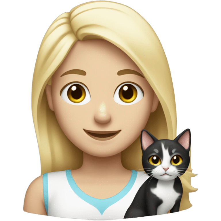 Blonde smiling girl holding a cat with black and white markings emoji