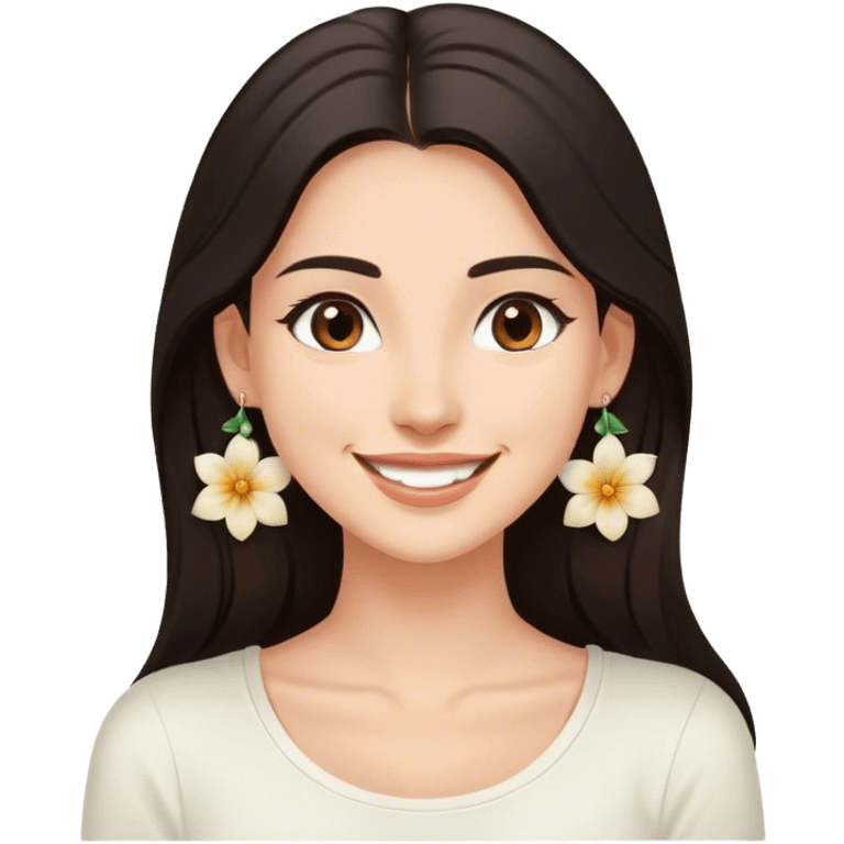 The image features a young woman with long, dark hair and a warm smile without showing tooth. She is wearing a white top and elegant floral earrings. Her expression conveys happiness and friendliness. The background is softly blurred with neutral tones, suggesting an indoor setting. The lighting is soft and natural, enhancing the relaxed and approachable feel of the image. emoji