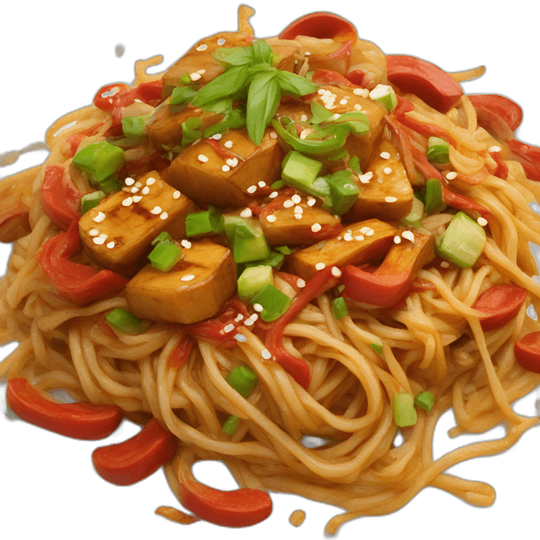 stir fry noodle with red sauce and toppings emoji