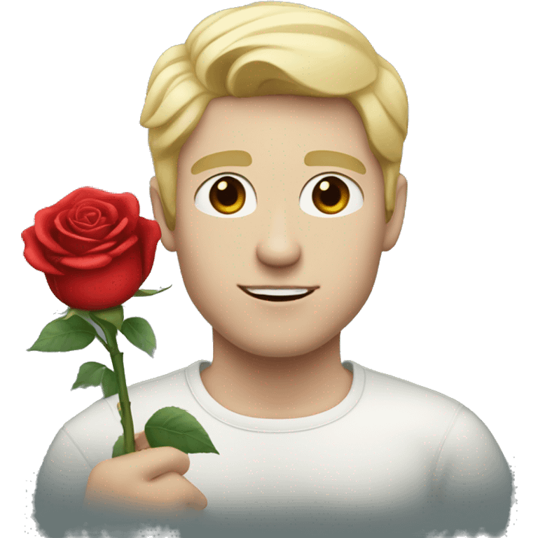 A man with pale skin and black hair holding a red rose emoji