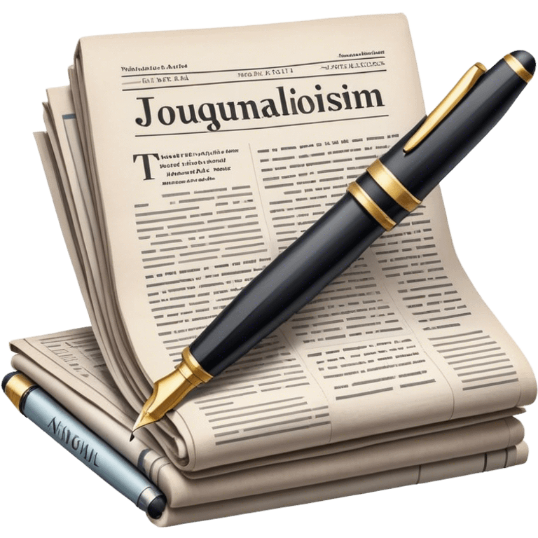 Create an emoji representing journalism and publicistic writing. The design should feature an open newspaper or a stack of articles with visible text columns, symbolizing opinion pieces and analysis. A classic fountain pen or ballpoint pen should be placed near the papers, indicating the act of writing. Optionally, include a small microphone or a press badge to emphasize investigative and journalistic aspects. Use neutral and professional colors like black, white, and muted blue or red. Do not include any emojis or smiley faces. Make the background transparent. emoji