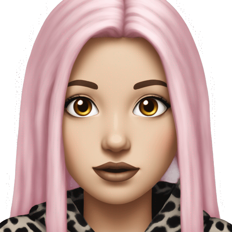 Hyperrealistic white girl with long black hair with a pink fringe and has eye makeup on, she is wearing a black and leopard print hoodie  emoji