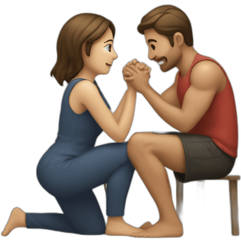 Woman on knee facing man holding him emoji