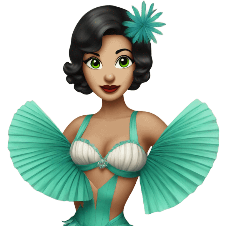 Burlesque dancer with black hair and green eyes in a vintage costume holding blue feather fans emoji