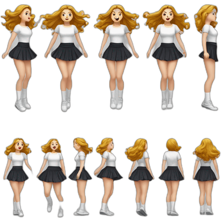 full-body-caucasian-curvy-beauty-jumping-short-black-skirt-back-and-front-views-strong-wind-knickers-long-white-socks emoji