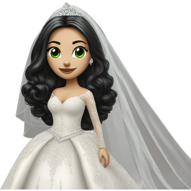 Hyper Realistic ornate ballgown long sleeve Wedding dress with diamanté on Russian bride with pale skin and green eyes and long black hair with veil and diamond jewelry hyper realistic  emoji