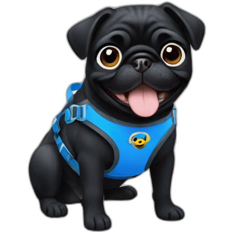 Black pug smiling in blue harness emoji