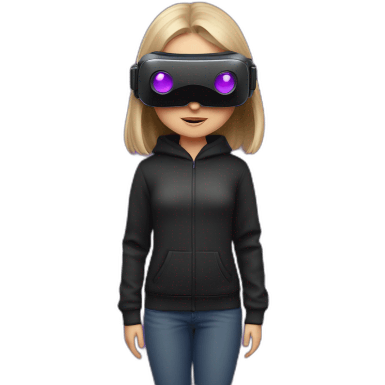 Russian girl wearing black hoody with violet letters "OMG", in vr headset. Violet neon. emoji