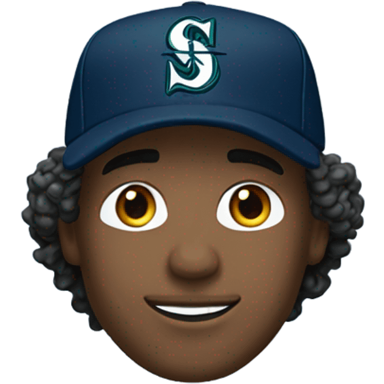 man with curly hair wearing blue Seattle Mariners baseball cap emoji