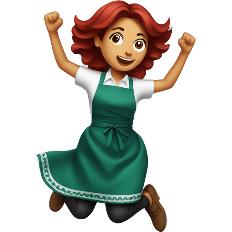 Straight dark red hair mexican woman with kitchen apron jumping in celebration  emoji