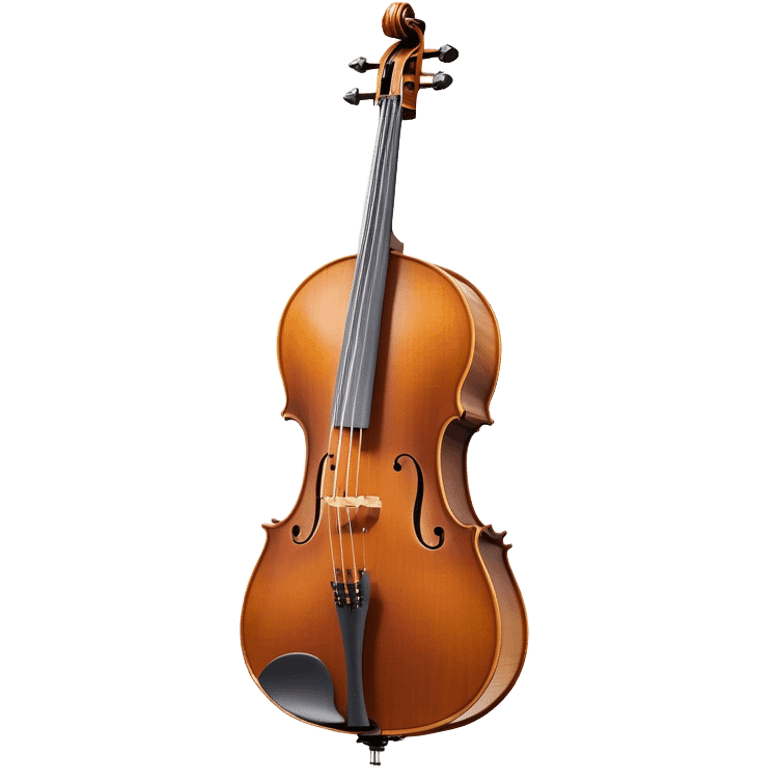 Create a refined and detailed emoji representing a Cremona cello with a bow. The design should feature the smooth, polished wooden body of the cello with a deep, rich tone color. The strings and tuning pegs should be visible, emphasizing the instrument's fine craftsmanship. Add a delicate bow placed gently across the strings, with intricate detailing on the hair and frog. Include subtle musical notes around the cello to evoke the graceful, classical sound. Use warm wood tones and accents like gold and silver for a professional, elegant look. The background should be transparent. emoji