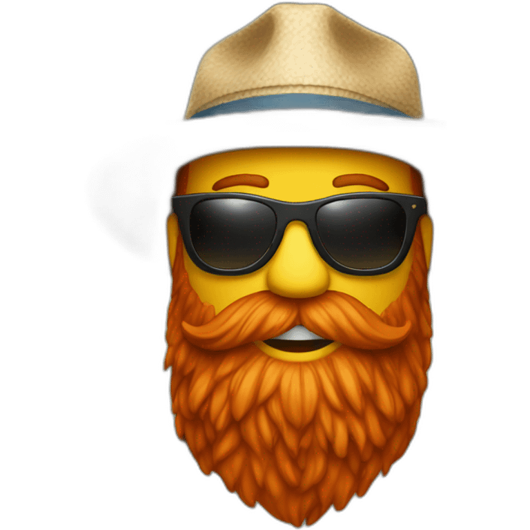 red beard with bucket hat wearing sunglasses and holding a beer emoji