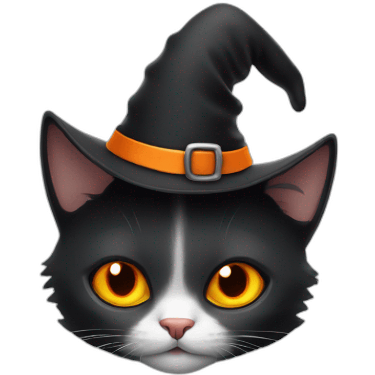 Black-white cat with orange eyes in Halloween hat emoji