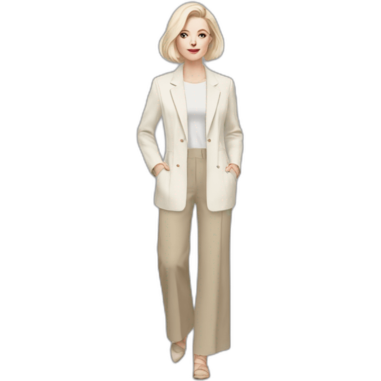 pale skin woman with ash blonde Straightened bob Hair, White Spacious classical jacket, beige palazzo Arrow pants and gray blouse holding a color palettes in the hands emoji