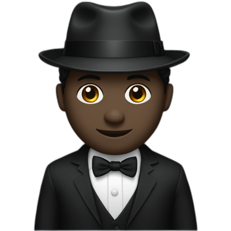 Man with cobalt black skin wearing a black formal suit with a black tie, wearing a fedora with a white band on it. emoji