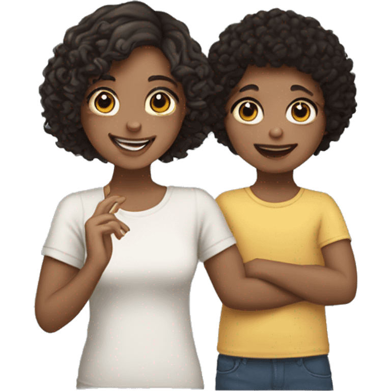 smiling fair skinned girl with medium straight brown hair holding a fair skinned toddler with curly black hair emoji