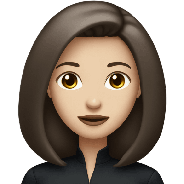 entire, white woman with straight long mid hair, dark brown hair, blue eyes, round face, uni-lips, wearing a black outfit, stylish. emoji