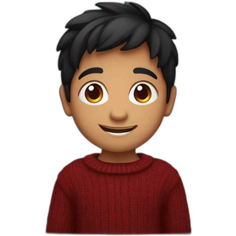 smiling and pointing north indian kid with chubby cheeks black hair wearing a dark red sweater emoji