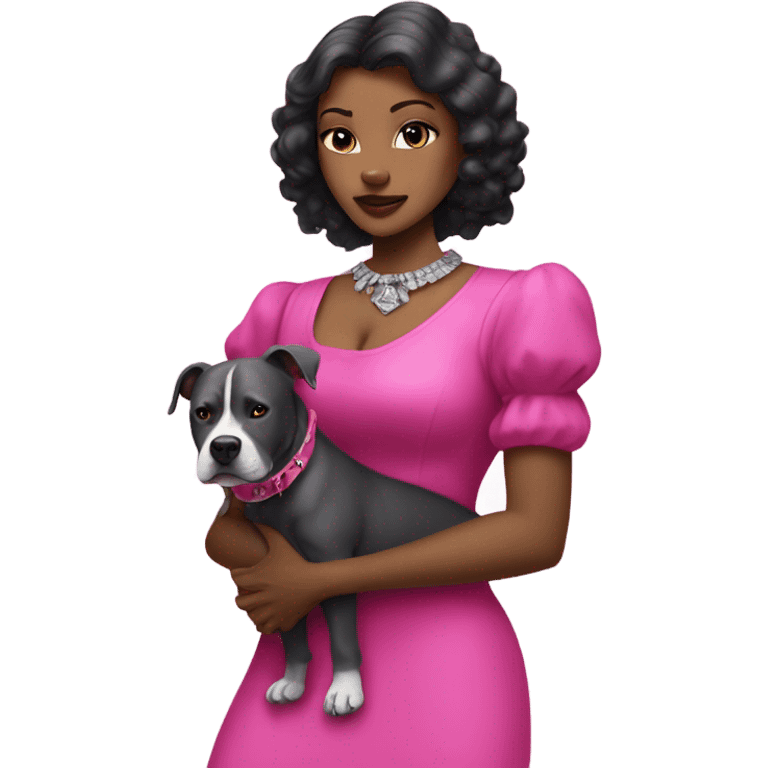 Black lady with black hair wearing hot pink dress hugging large all grey pitbull with spiked pink collar emoji