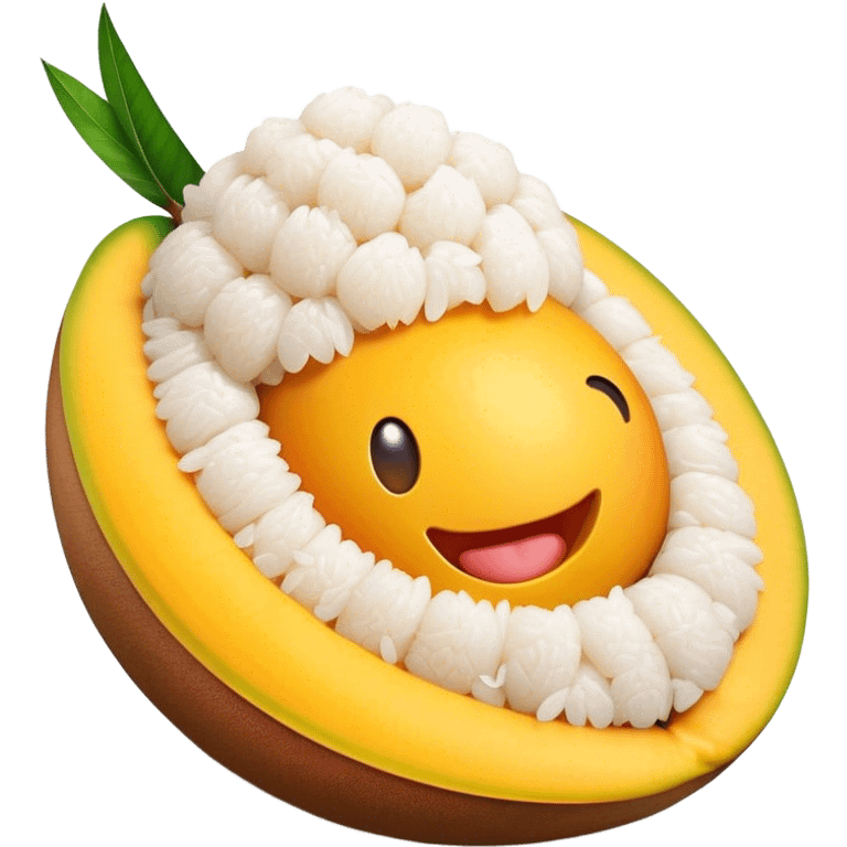 Cinematic Realistic Mango Sticky Rice Dessert Emoji, showcasing sweet sticky rice paired with ripe mango slices and coconut milk rendered with lifelike detail and warm, inviting lighting. emoji