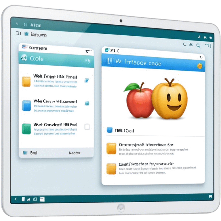 Create a professional emoji for UX/UI design. Show a program interface with two windows: one displaying HTML code, and the other showing the completed web interface. Use modern, professional colors. Do not include any emojis or smiley faces. Make the background transparent. emoji