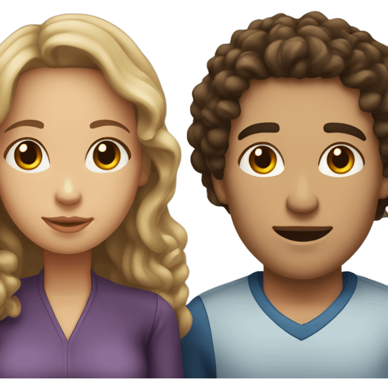 Light complexion woman with curly hair and white man with  straight dark brown hair kissing  emoji