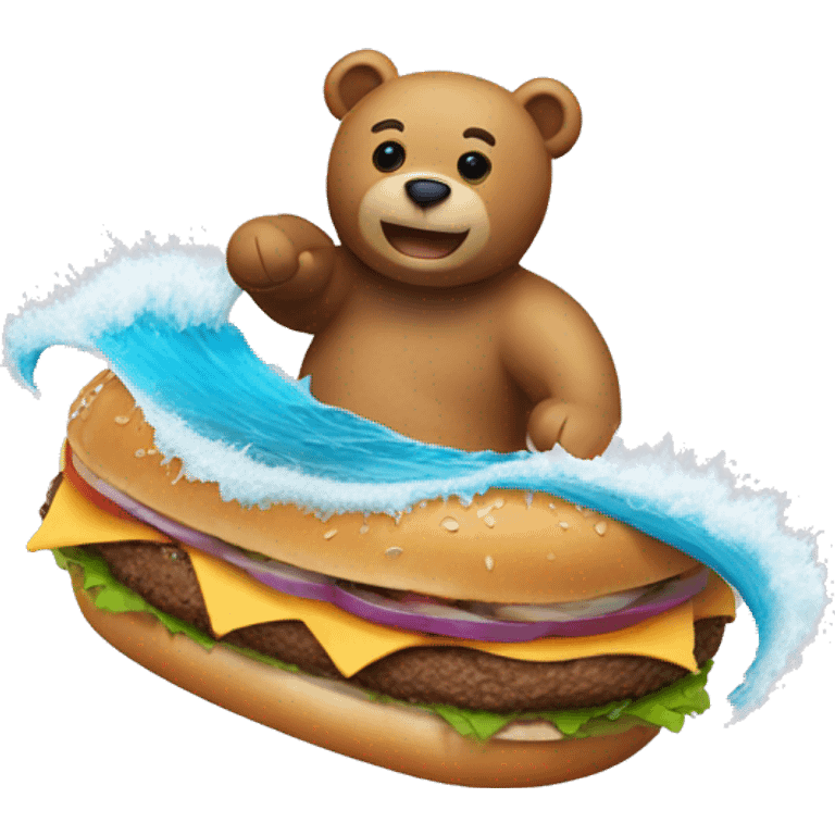 Teddy bear with a burger surfing on a tidal wave  emoji