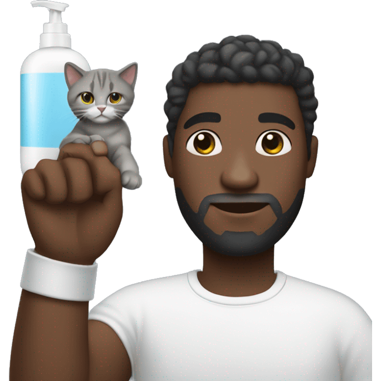 big black guy holding a cat in his right arm and a shampoo bottle in his left hand  emoji